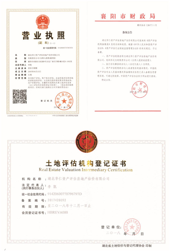 華仁資產(chǎn)評估房地產(chǎn)估價有限公司營業(yè)執(zhí)照、資產(chǎn)評估備案公告、土地評估機(jī)構(gòu)登記證書.jpg