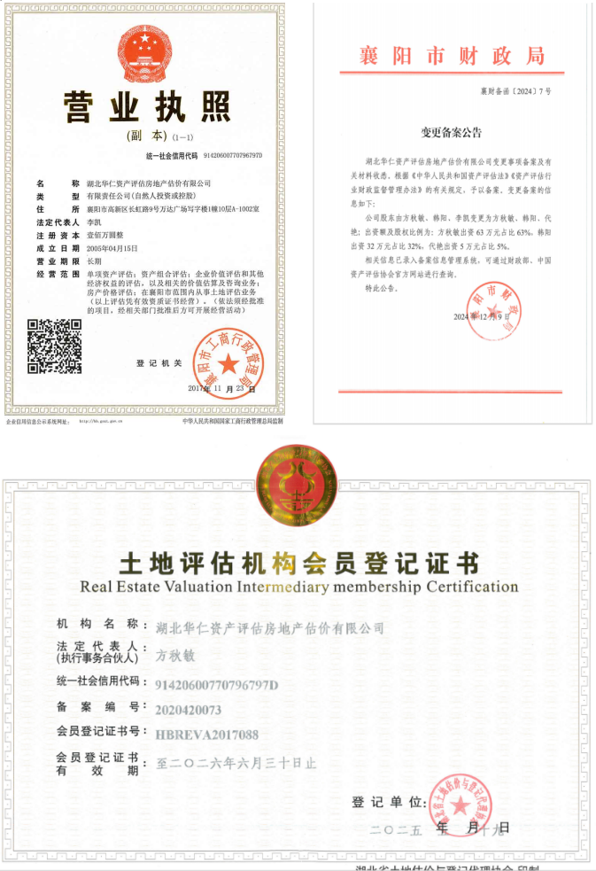 華仁資產(chǎn)評(píng)估房地產(chǎn)估價(jià)有限公司營(yíng)業(yè)執(zhí)照、資產(chǎn)評(píng)估備案公告、土地評(píng)估機(jī)構(gòu)登記證書(shū)